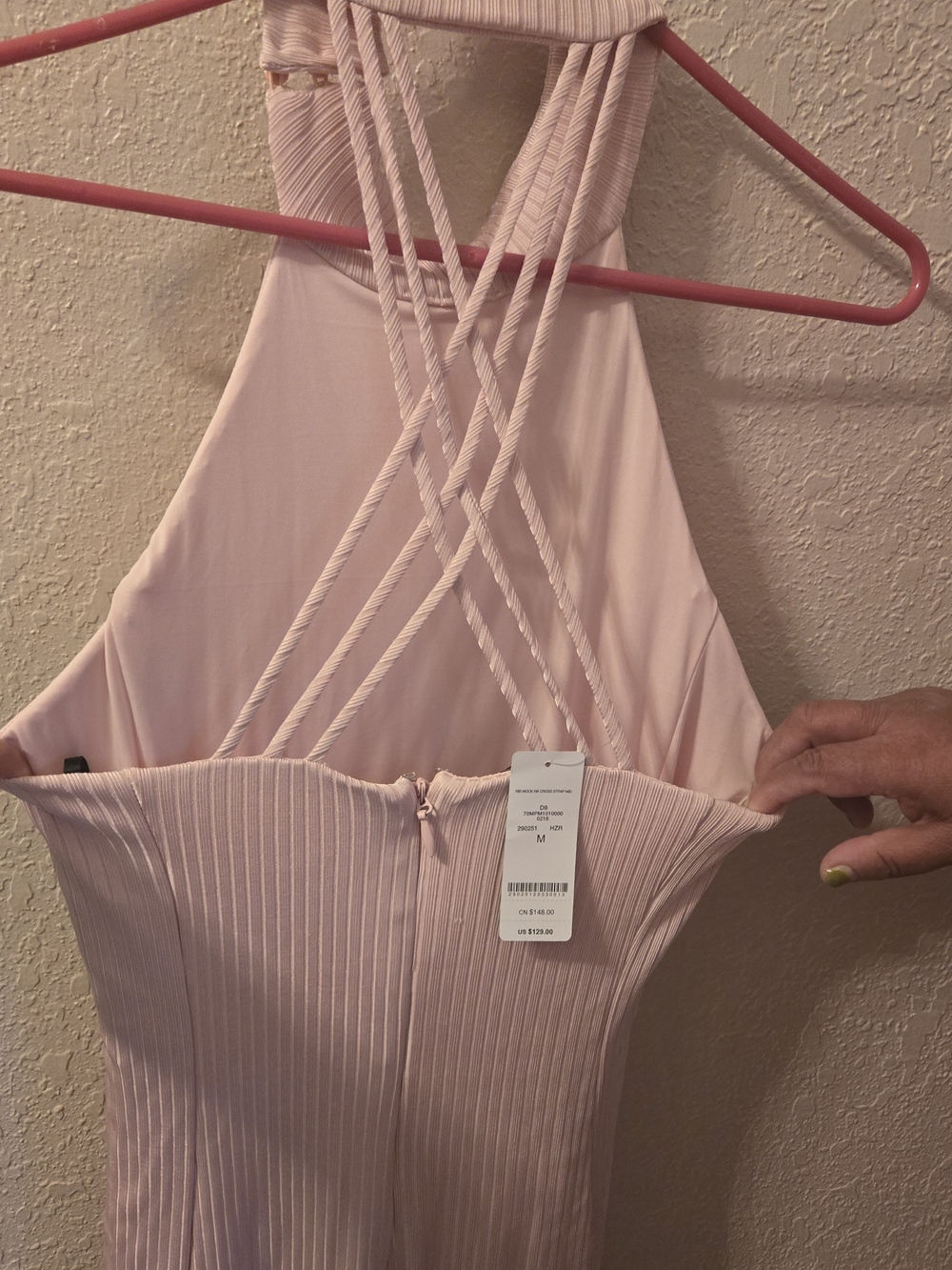 bebe Blush Pink Ribbed Halter Maxi Dress with Strappy Crisscross Back
